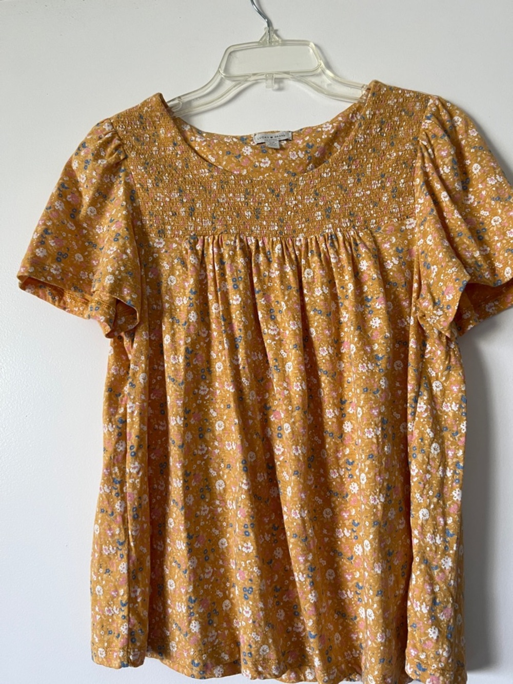 Lucky Brand Mustard Floral Smocked Short Sleeve Blouse